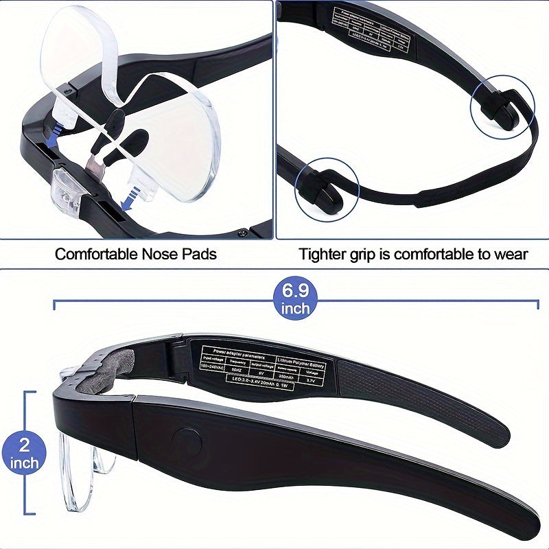 Black eyeglasses headlamp and magnifying glass with adjustable nose pads and measurements on a white background