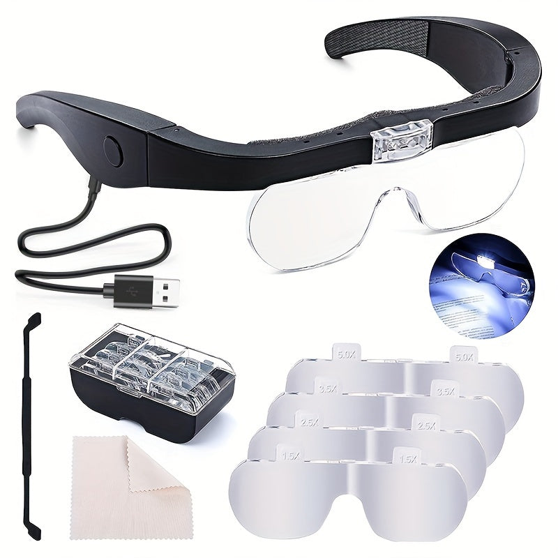 Set of magnifying glasses with LED light, USB cable, and cleaning cloth on a white background