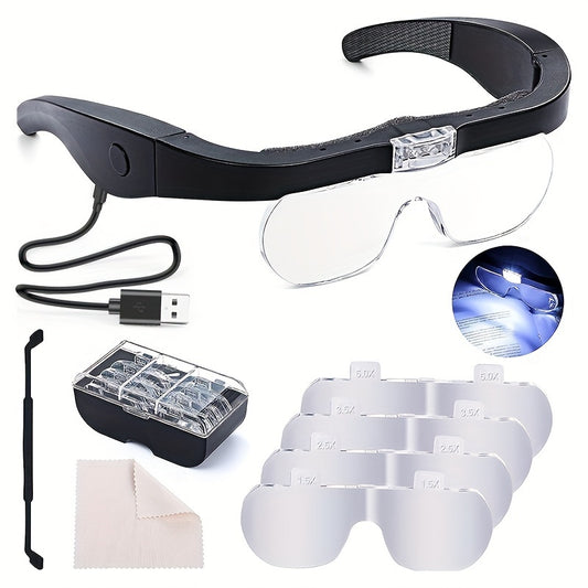 Set of magnifying glasses with LED light, USB cable, and cleaning cloth on a white background