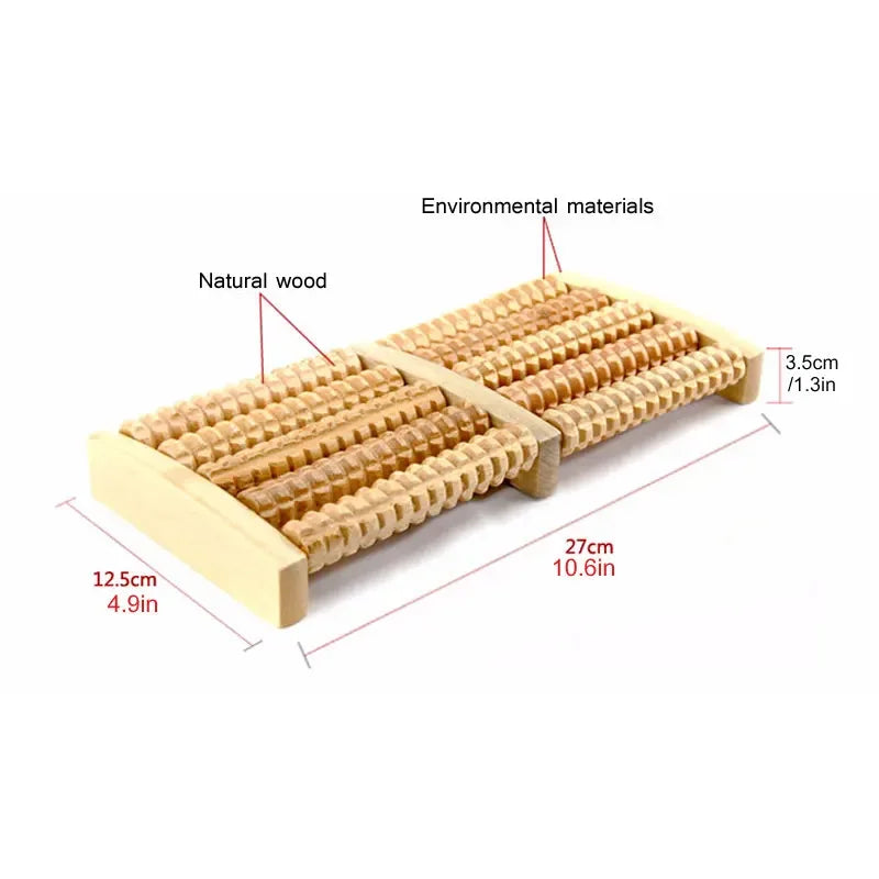 Wooden foot roller with measurements on a white background