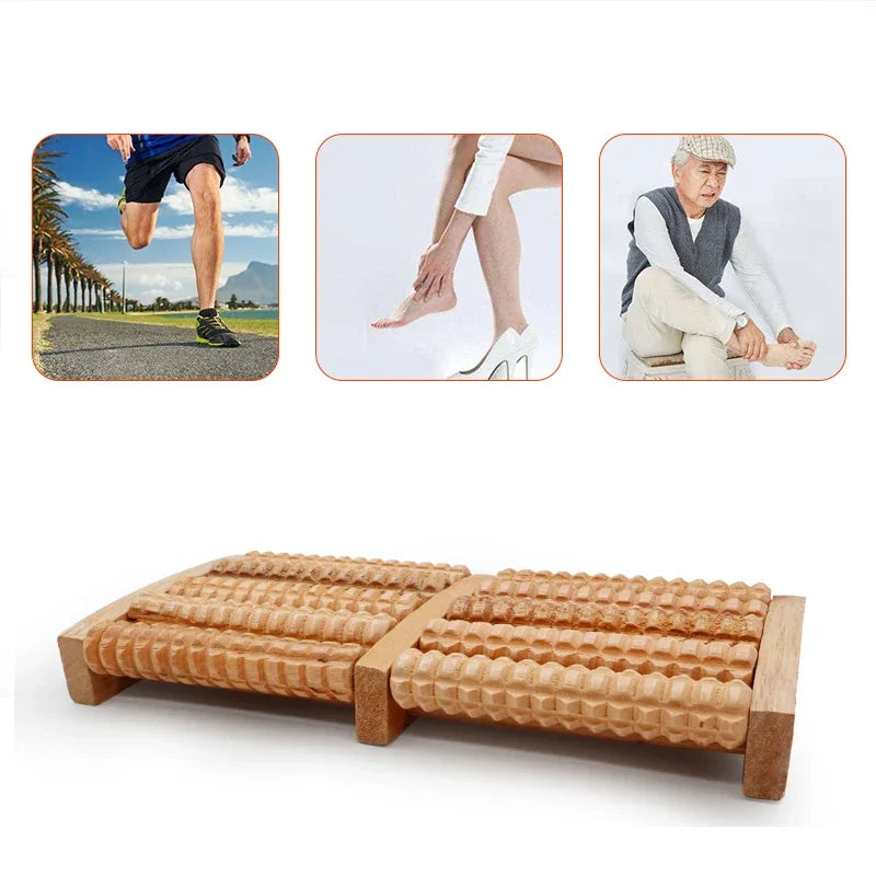 Wooden roller board with lifestyle images of people using it on a white background