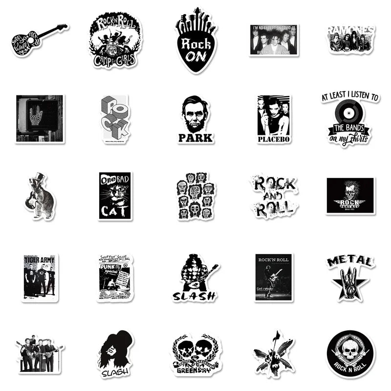 Collection of black and white rock and roll stickers with various designs on a white background