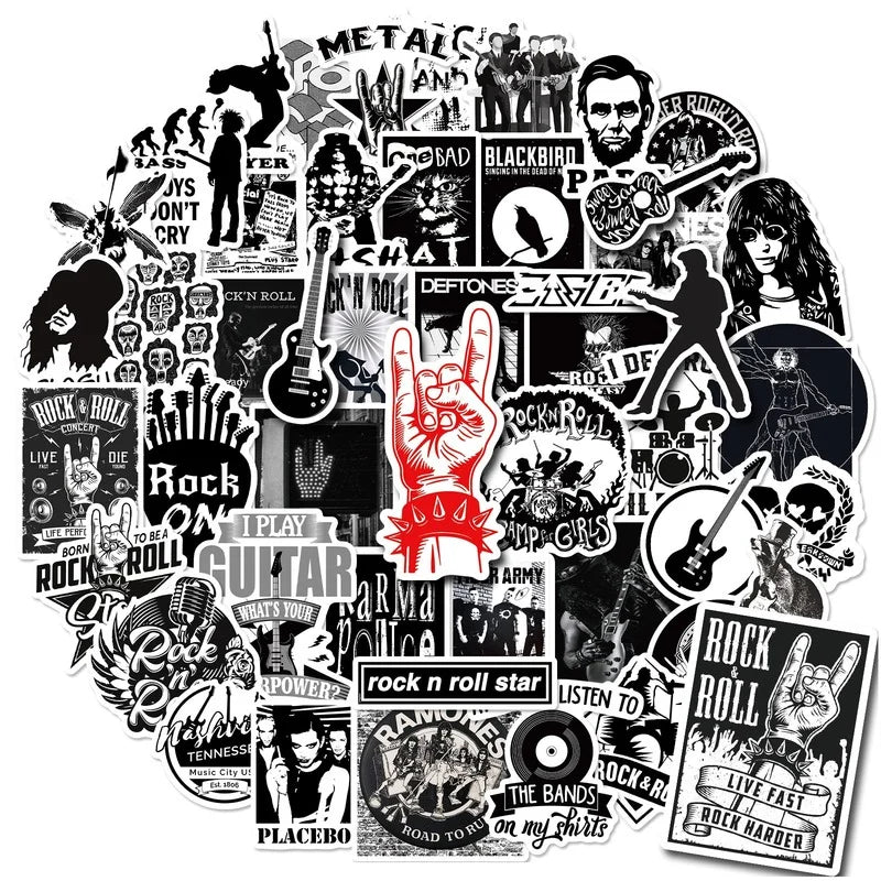 Collection of rock and roll-themed stickers on a white background