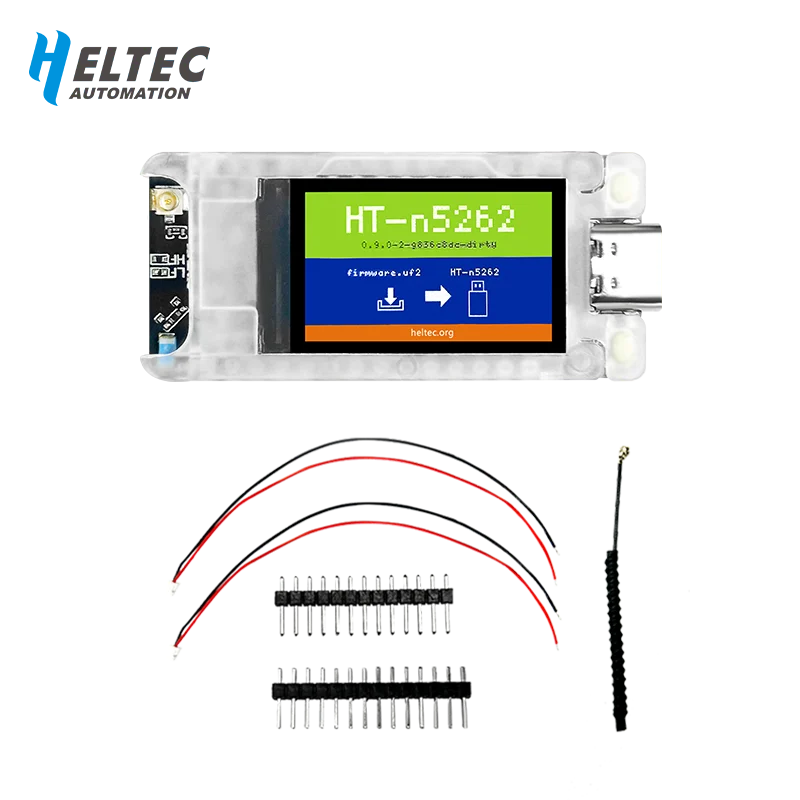 Heltec Automation electronic module with display, wires, and connectors on a white background