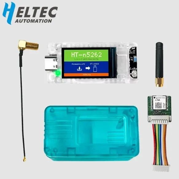 Heltec Automation electronic components including a module with a display, antennas, and a blue case on a white background.