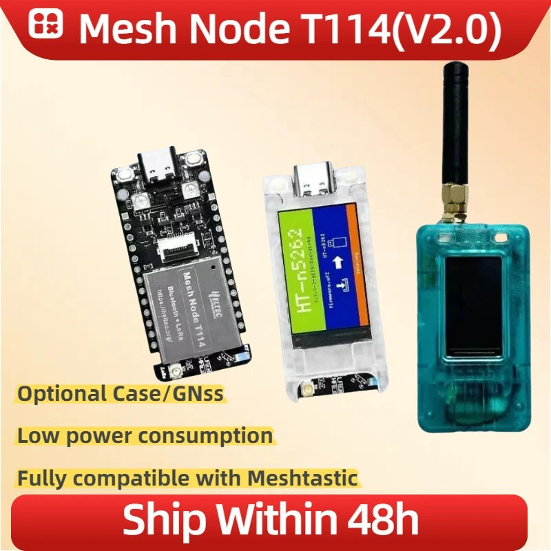 Mesh Node T114(V2.0) with features listed on a beige background