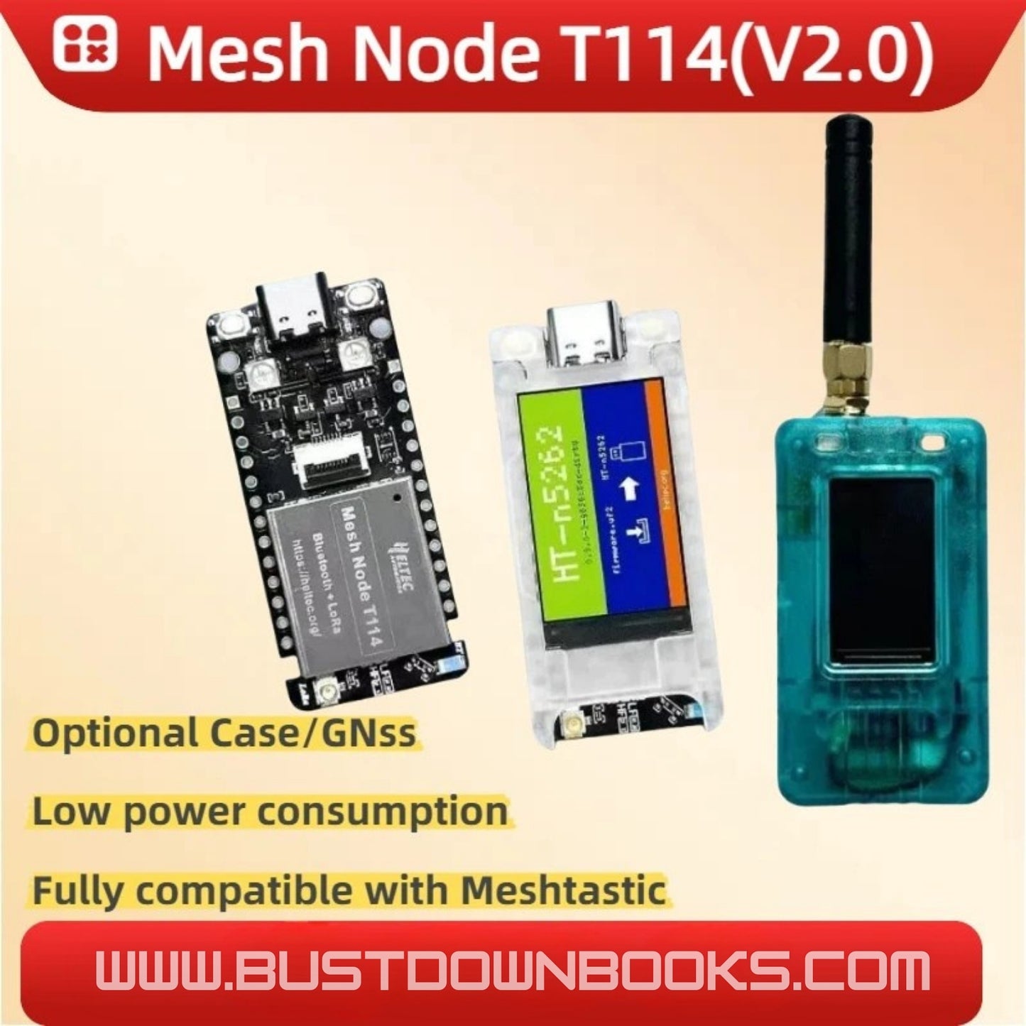 Mesh Node T114(V2.0) with features listed on a beige background