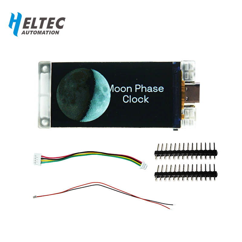 Heltec Vision Master T190  moon phase clock running NerdMiner firmware as a desktop BTC lottery miner with a vivid 262k color display and Wi-Fi connectivity.