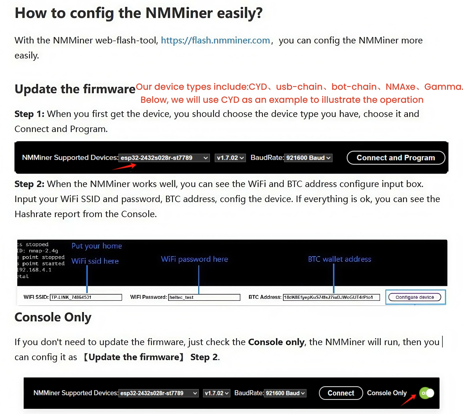 Instructions on configuring NMMiner with a web flash tool, including device types and steps.