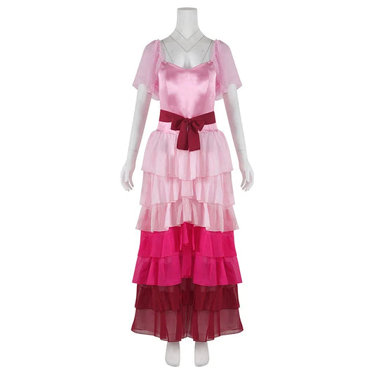 Mannequin wearing a pink and red dress with a tiered skirt on a white background