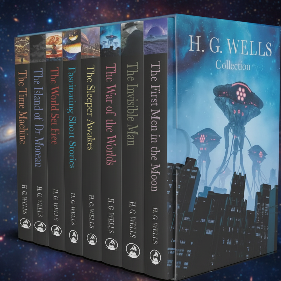 image of "HG Wells Book Boxed Set Collection' from angled POV.