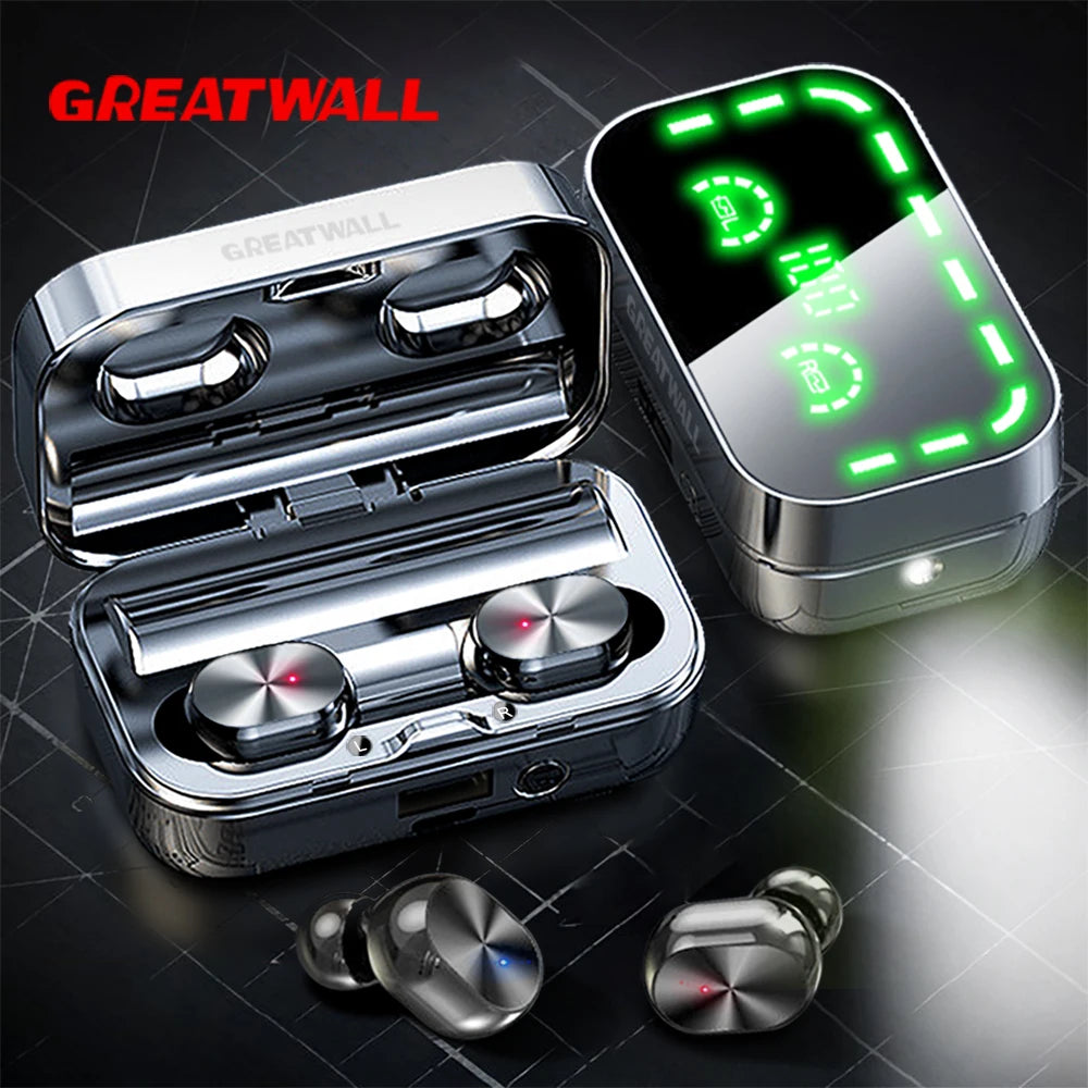 Wireless earbuds with charging case and digital display on a dark background, featuring the Greatwall brand.