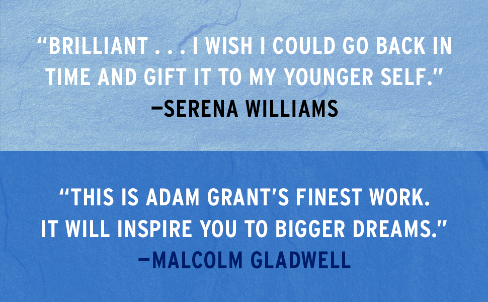 Two motivational quotes by Serena Williams and Malcolm Gladwell about the book "Hidden Potential" by Adam Grant on a blue background.