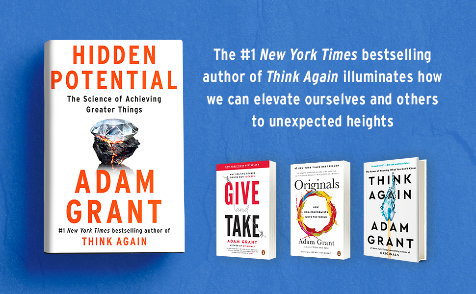 Book cover of 'Hidden Potential' by Adam Grant on a blue background with other books by the author.