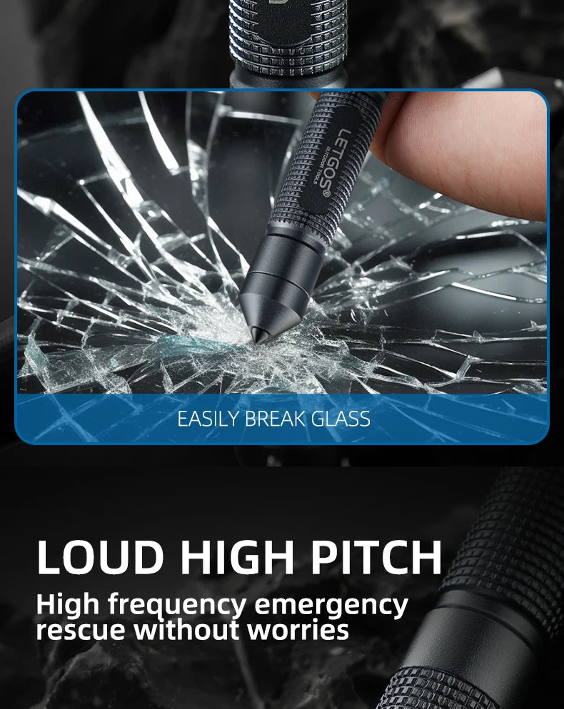 Emergency whistle and break safety tool breaking glass with text about loud high pitch and emergency rescue.