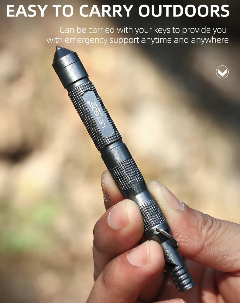 Hand holding a tactical whistle pen with text about its portability outdoors