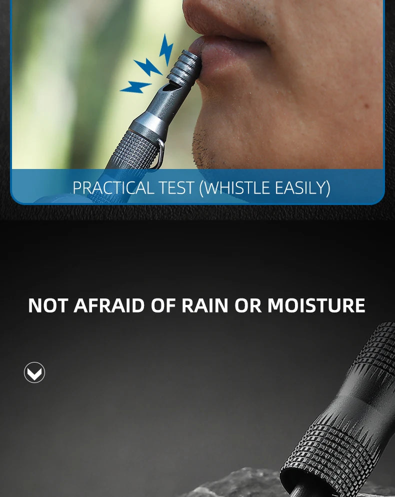 Person whistling with a whistle attached to a device, with text indicating it's not afraid of rain or moisture.
