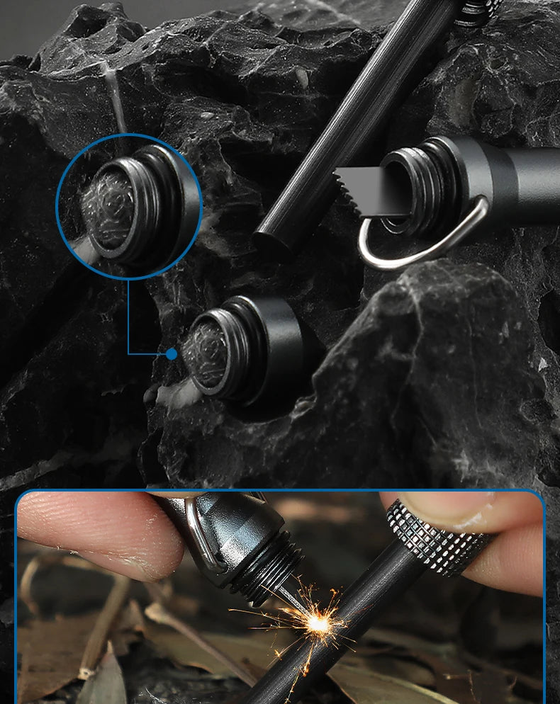 Close-up of a black whistle tool with a sparkler on a rocky background