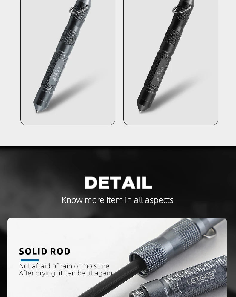 Black pen-like whistle device keychain with metallic rod, featuring LETGOS branding.