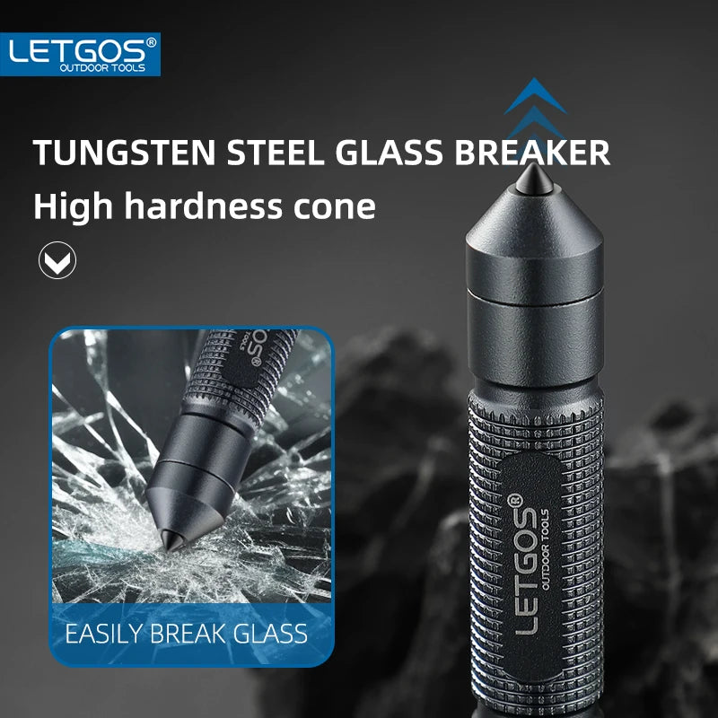 Tungsten steel glass breaker whistle with LETGOS branding on a dark background