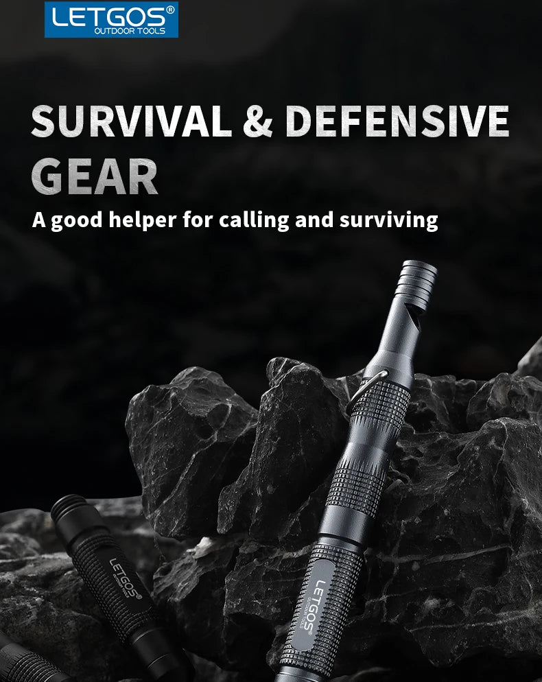 Survival and defensive gear with LETGOS branding on a dark background