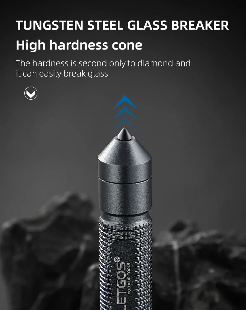 Tungsten steel glass breaker whistle with text on a dark background