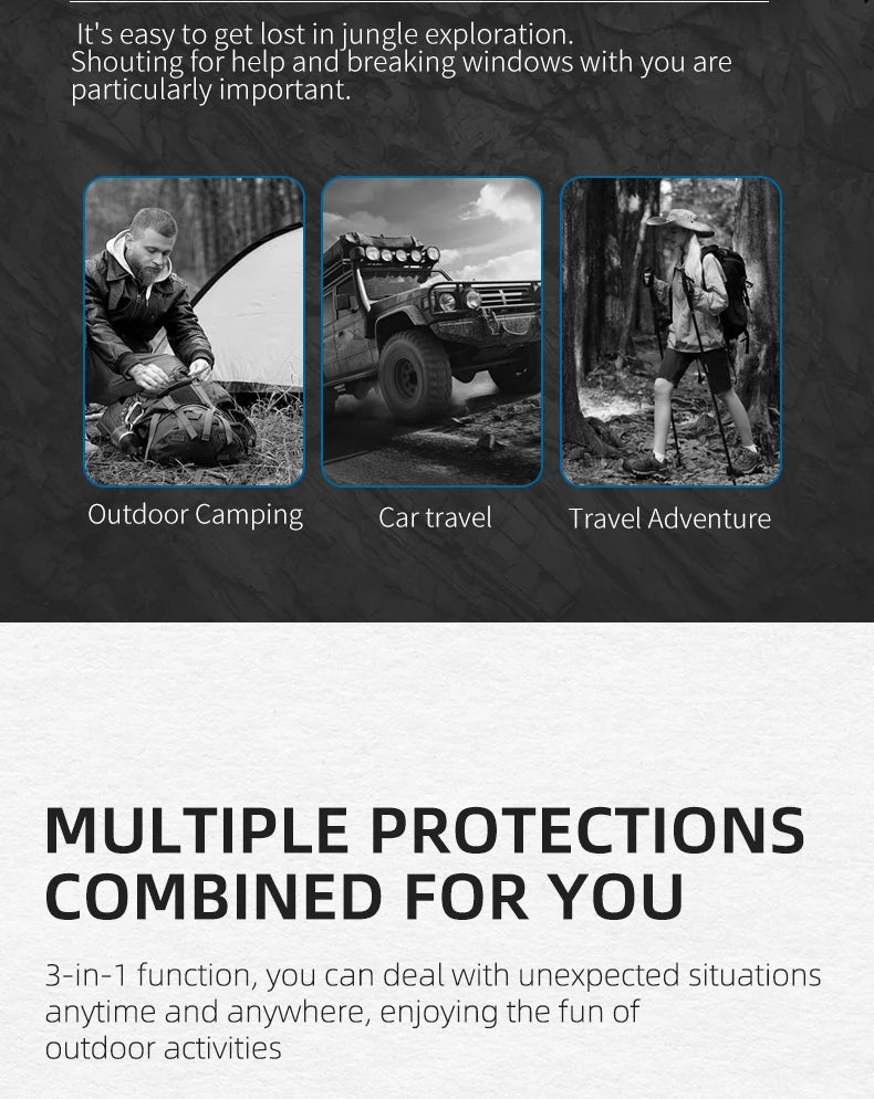 Promotional graphic for outdoor whistle showing activities with camping, car travel, and hiking scenes.