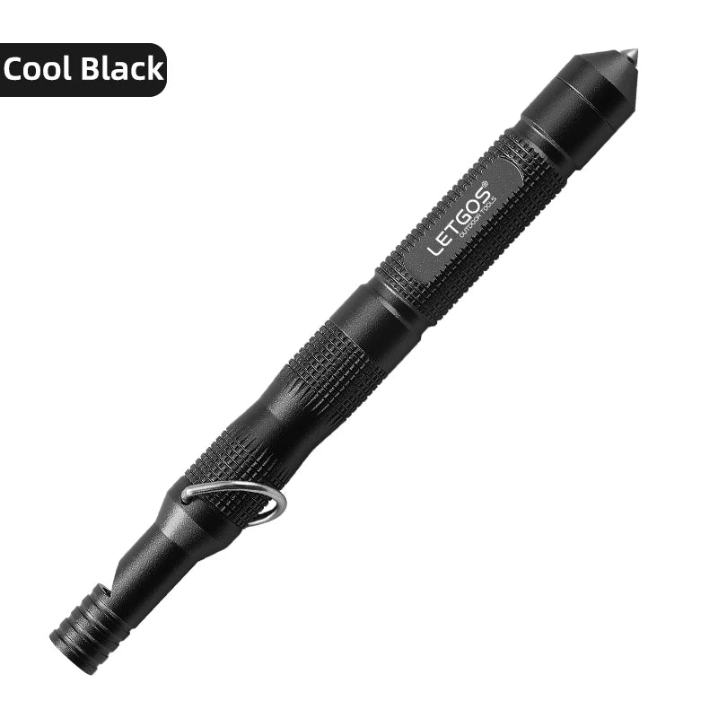 Black safety whistle power pen with 'LETGOS' branding on a white background