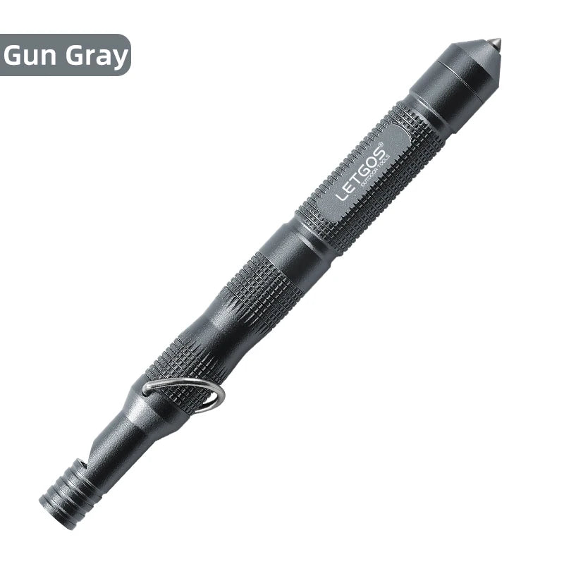 Chrome safety whistle power tactical pen on a white background