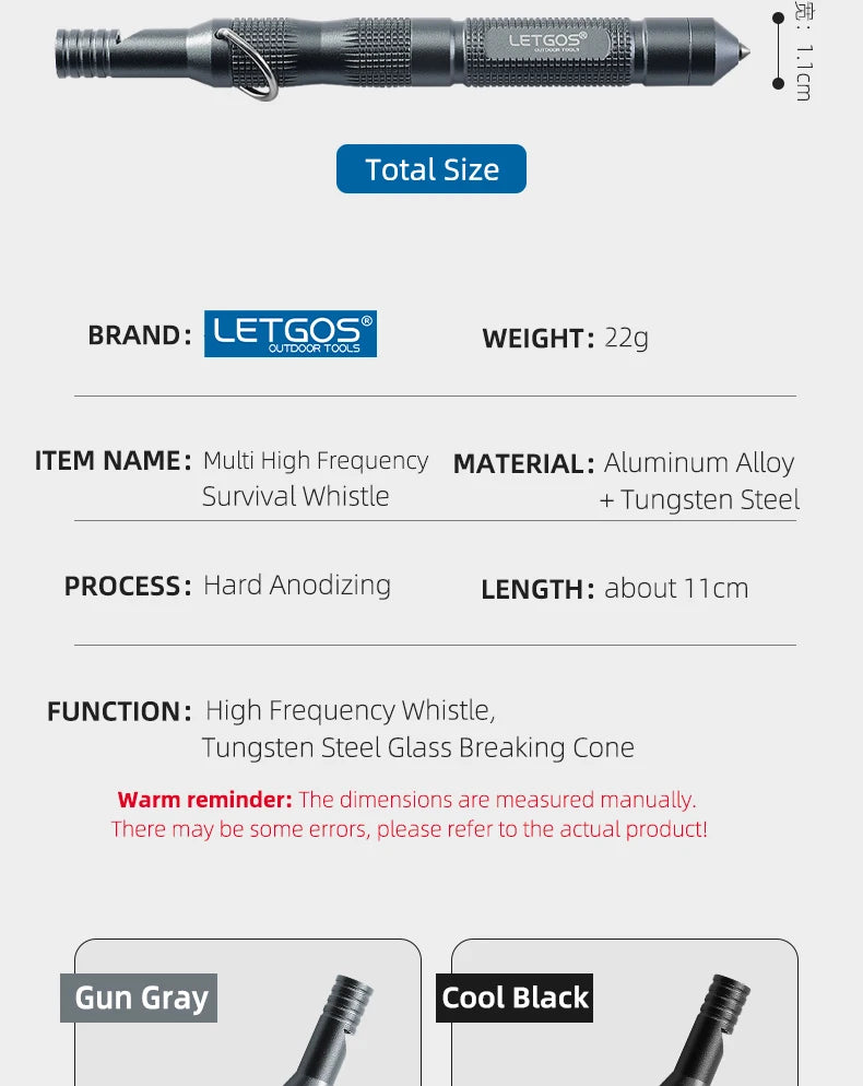 Multi High Frequency Survival Whistle by LETGOS with product details on a white background
