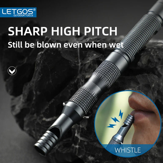 Metal whistle with LETGOS branding and text about sharp high pitch, still blowing even when wet.