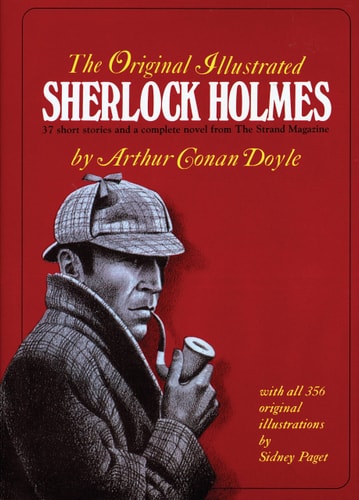 Book cover of 'The Original Illustrated Sherlock Holmes' with a red background and black and white illustration of Sherlock Holmes.