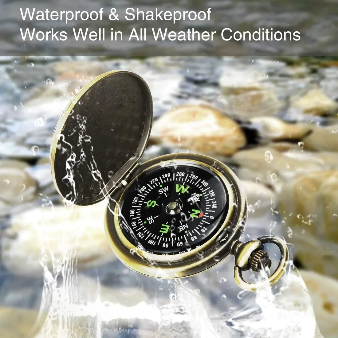 Compass being tested for water resistance with text 'Waterproof & Shakeproof Works Well in All Weather Conditions' above.