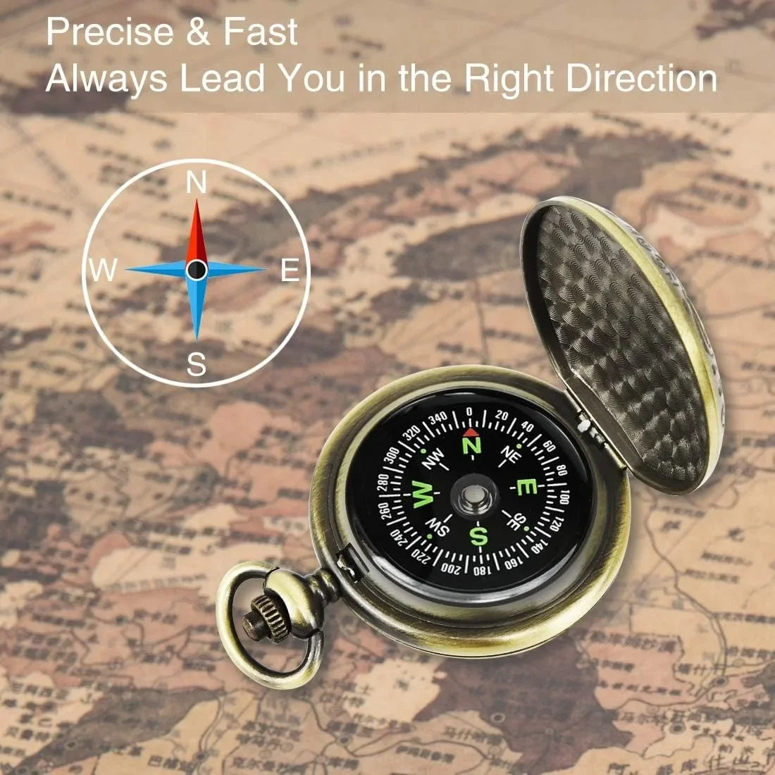 Vintage-style compass on a map background with text about precision and direction.
