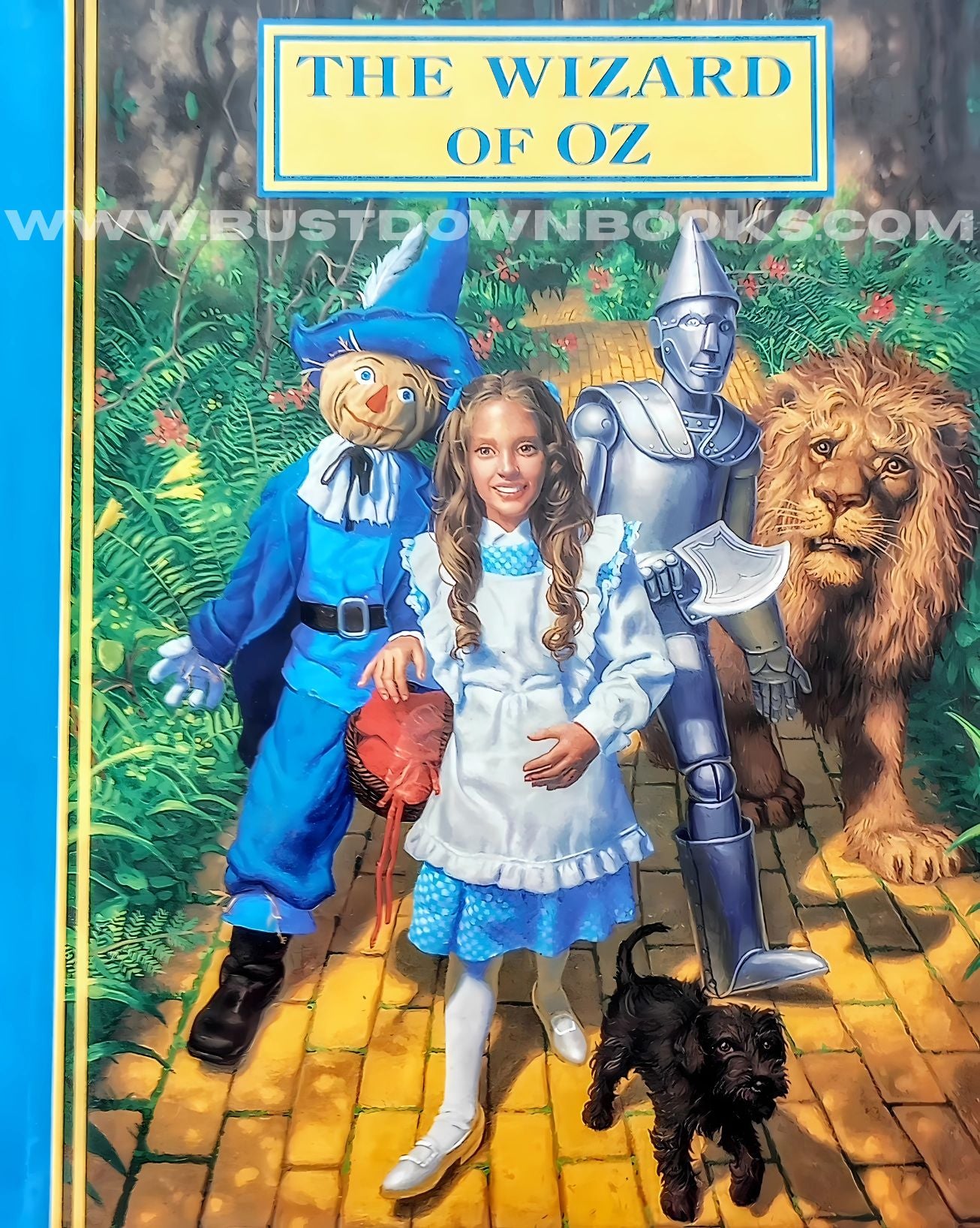 Book cover of 'The Wizard of Oz' with characters and scenic background