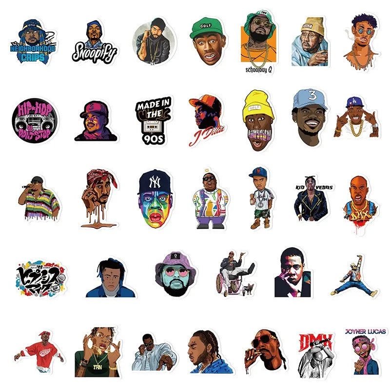 Collection of waterproof rapper stickers and emcees on a white background.