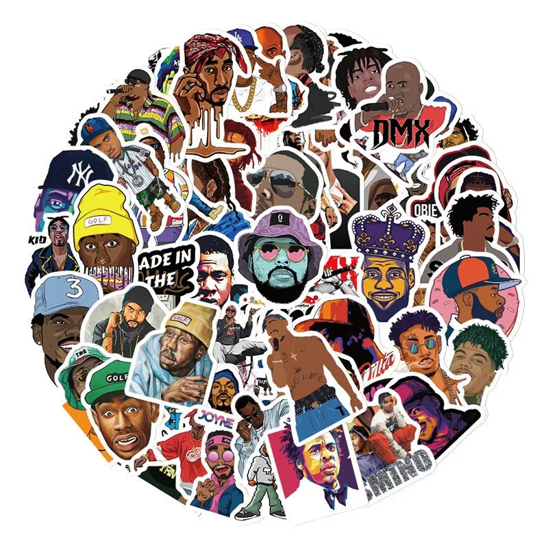 Collection of rapper stickers featuring various emcees in a circular rap decal bundle.