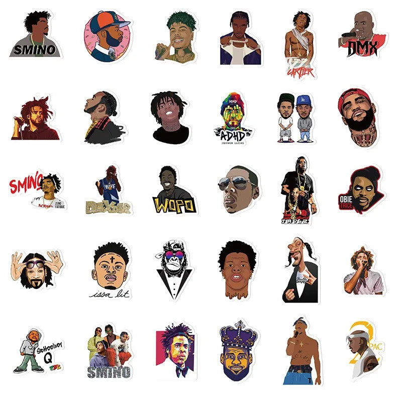Collection of rapper's illustrated portraits and logos of various individuals on a white background