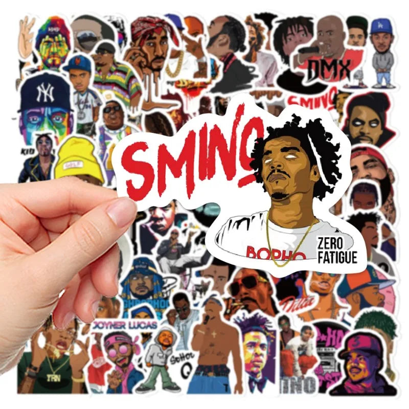 Rap and hip-hop decal bundle with close-up sticker view of rapper's face and 'Smino' text held over a collage of other stickers.