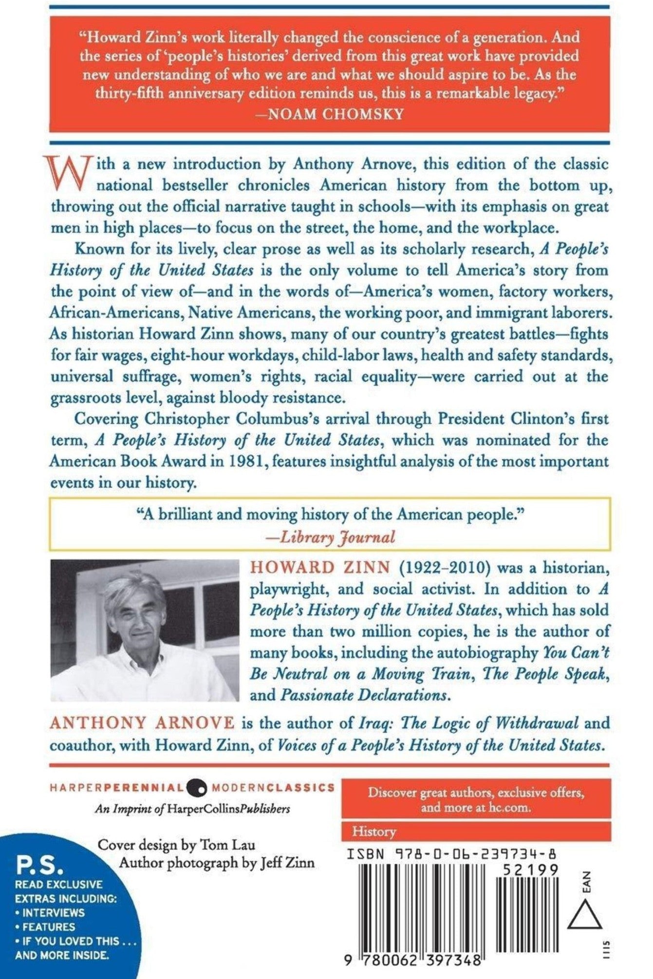 Back cover of book 'A People's History of the United States' by Howard Zinn, with text and a photo of Howard Zinn.