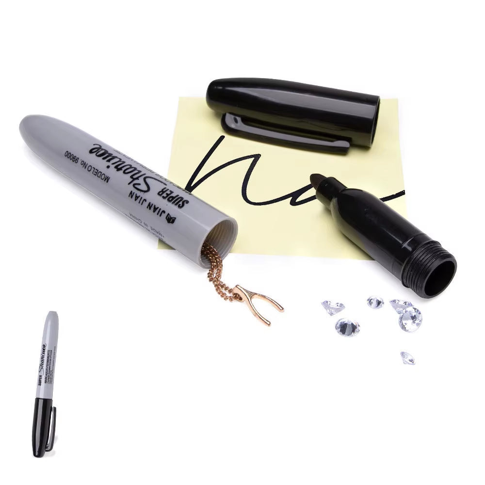 A hollowed-out permanent marker decoy with a cap and a piece of yellow paper with a scribble on it, used for discreet storage of valuables.
