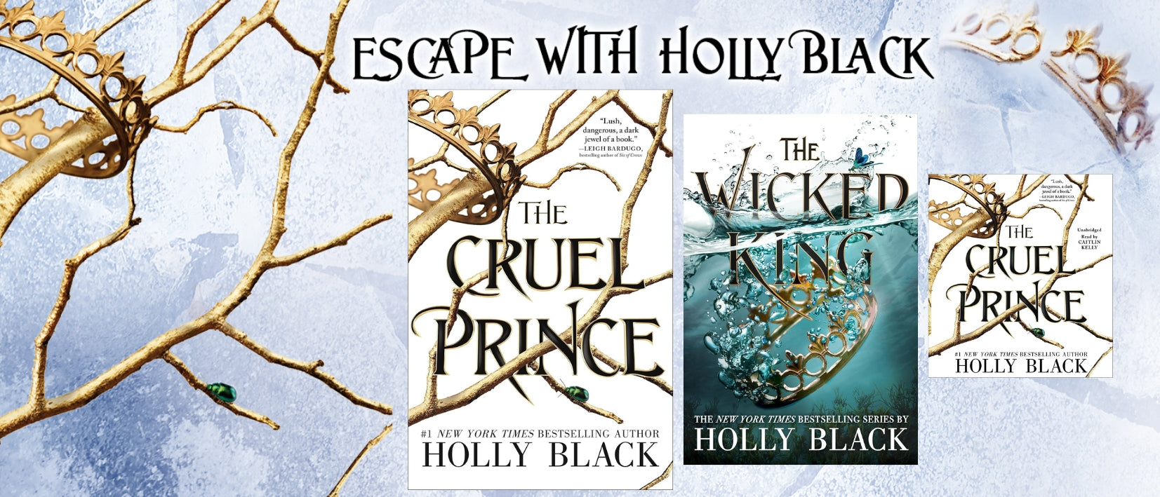 Three book covers by Holly Black with decorative elements on a light blue background.