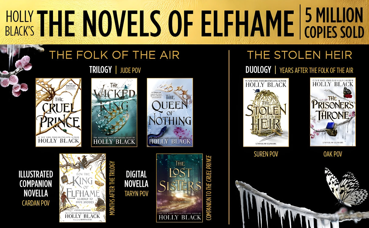 Promotional graphic for Holly Black's 'The Novels of Elfhame' with book covers and titles.