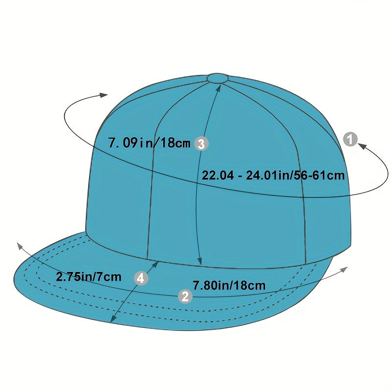 Measurement chart of a snapback cap with dimensions labeled on a white background