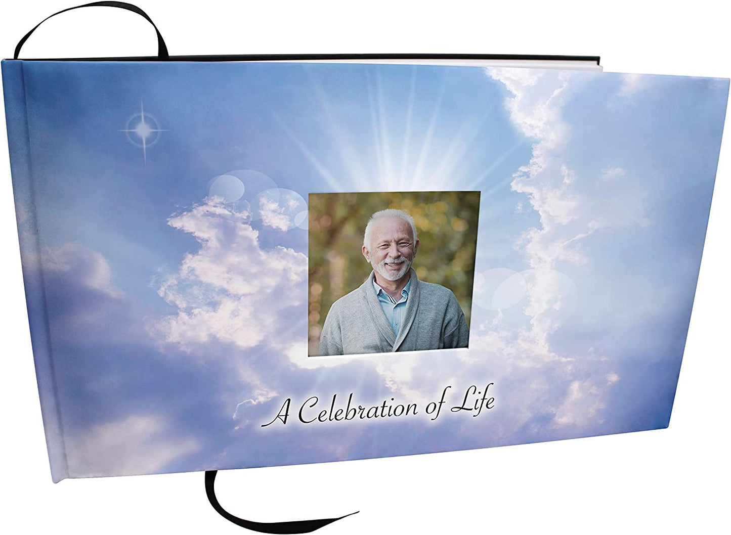 Front book cover view of 'Holy Heavens Dearly Departed Photo Funeral Guestbook Attendance Log' featuring a man on the cover of the "Celebration of Life" funeral guest attendance guestbook.