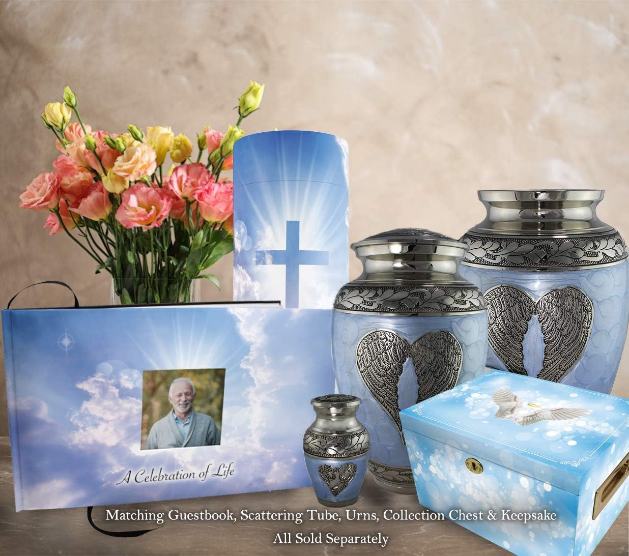 Display of book 'Holy Heavens Dearly Departed Photo Funeral Guestbook Attendance Log' featuring the book with "Celebration of Life" on the cover and the funeral guest attendance guestbook in front of a vase of flowers and next to matching candles, urns, box and decorations.