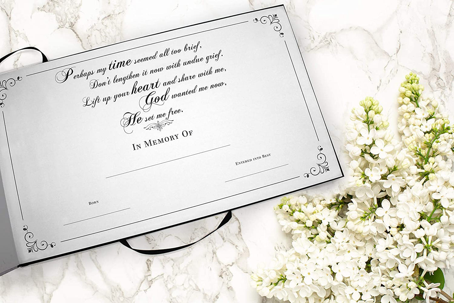 First page book view of 'Holy Heavens Dearly Departed Photo Funeral Guestbook Attendance Log' featuring the title page for dearly departed of the "Celebration of Life" funeral guest attendance guestbook.