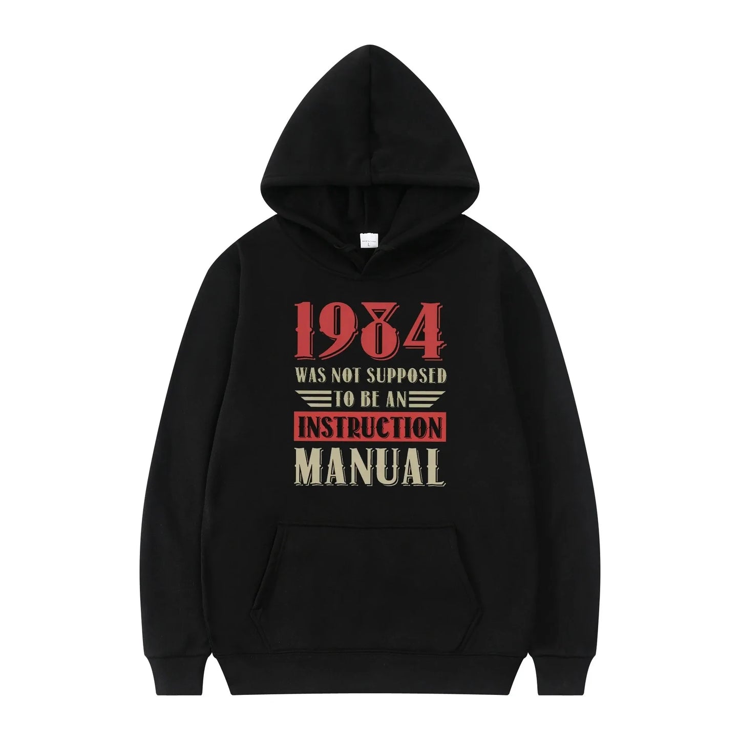 Black 'Orwell INGSOC 1984 Big Brother Hoodie' hoodie with red and white text on a white background
