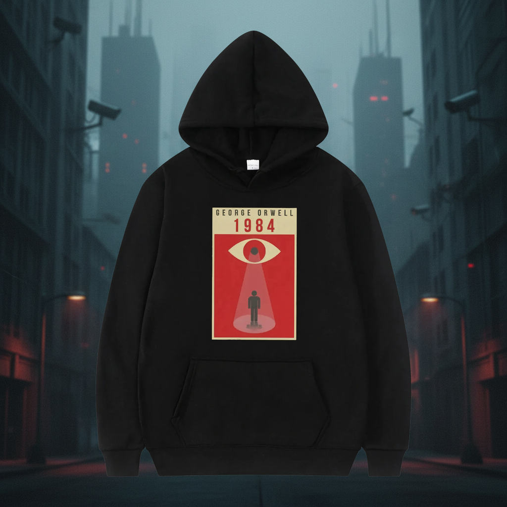 Black hoodie with '1984' book cover design on a cityscape background