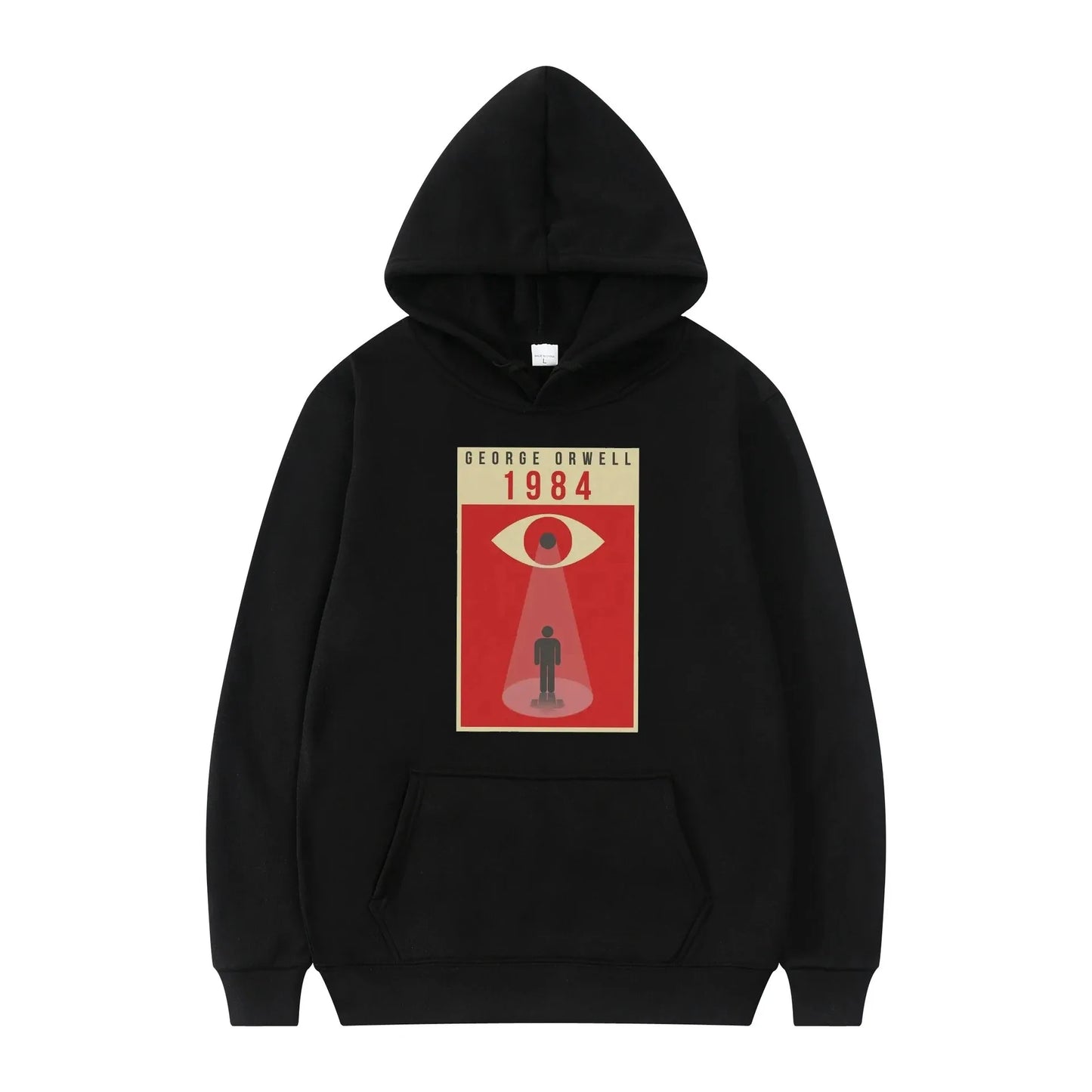 Black 'Orwell INGSOC 1984 Big Brother Hoodie' hoodie with red and white text on a white background